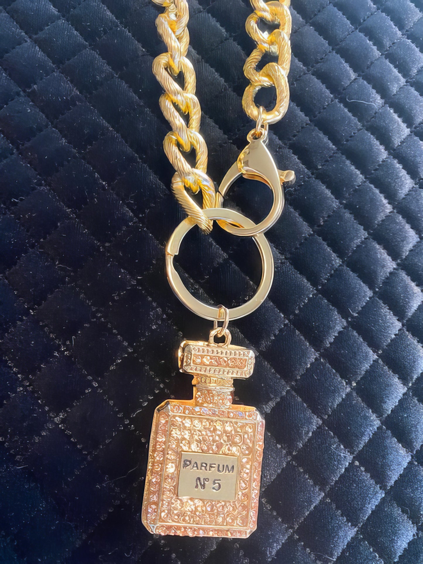 Designer inspired Gold Crystal Parfum Bottle Chain Necklace in Gold and Champagne