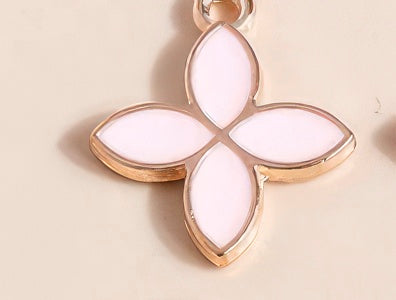 Enamel Flower Four Leaf Clover Pendant Necklace in Pink