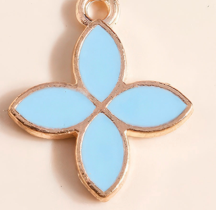 Enamel Flower Four Leaf Clover Pendant Necklace in Sky Blue