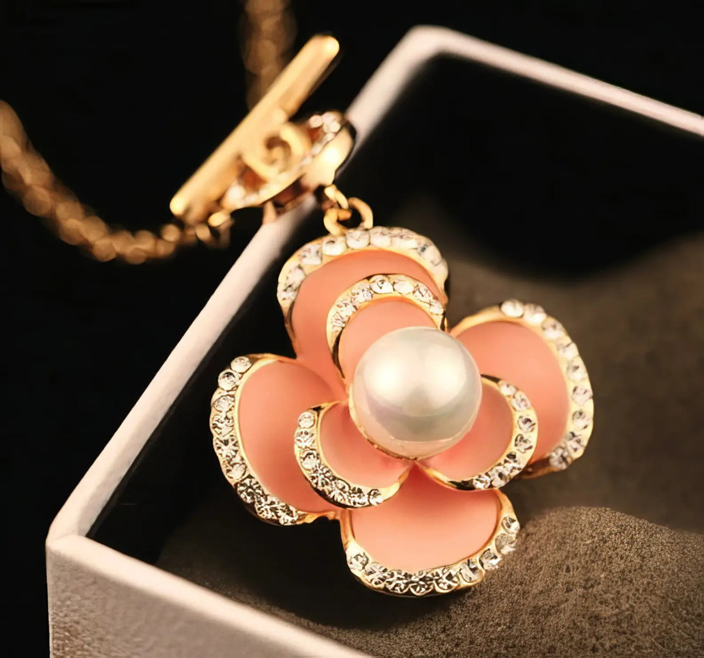 Luxury Pearl Camellia Necklace in Apricot and Gold