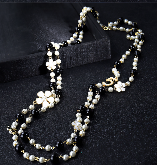 Designer Long Simulated Pearl Pendant Flower Double Layer Chain in Black White and Gold