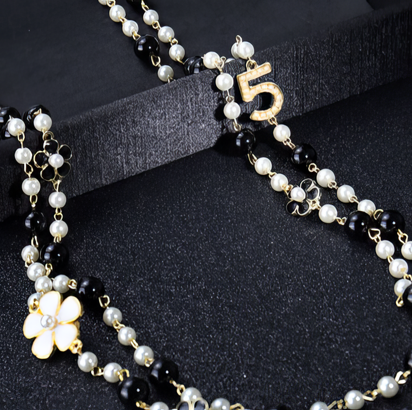 Designer Long Simulated Pearl Pendant Flower Double Layer Chain in Black White and Gold