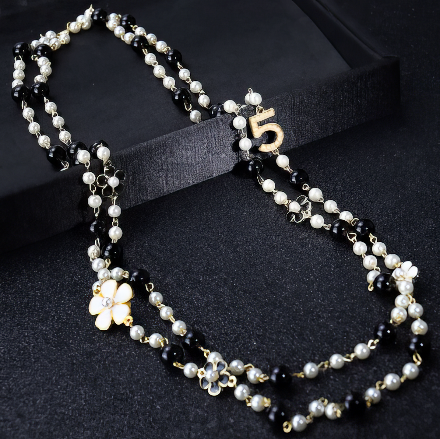 Designer Long Simulated Pearl Pendant Flower Double Layer Chain in Black White and Gold