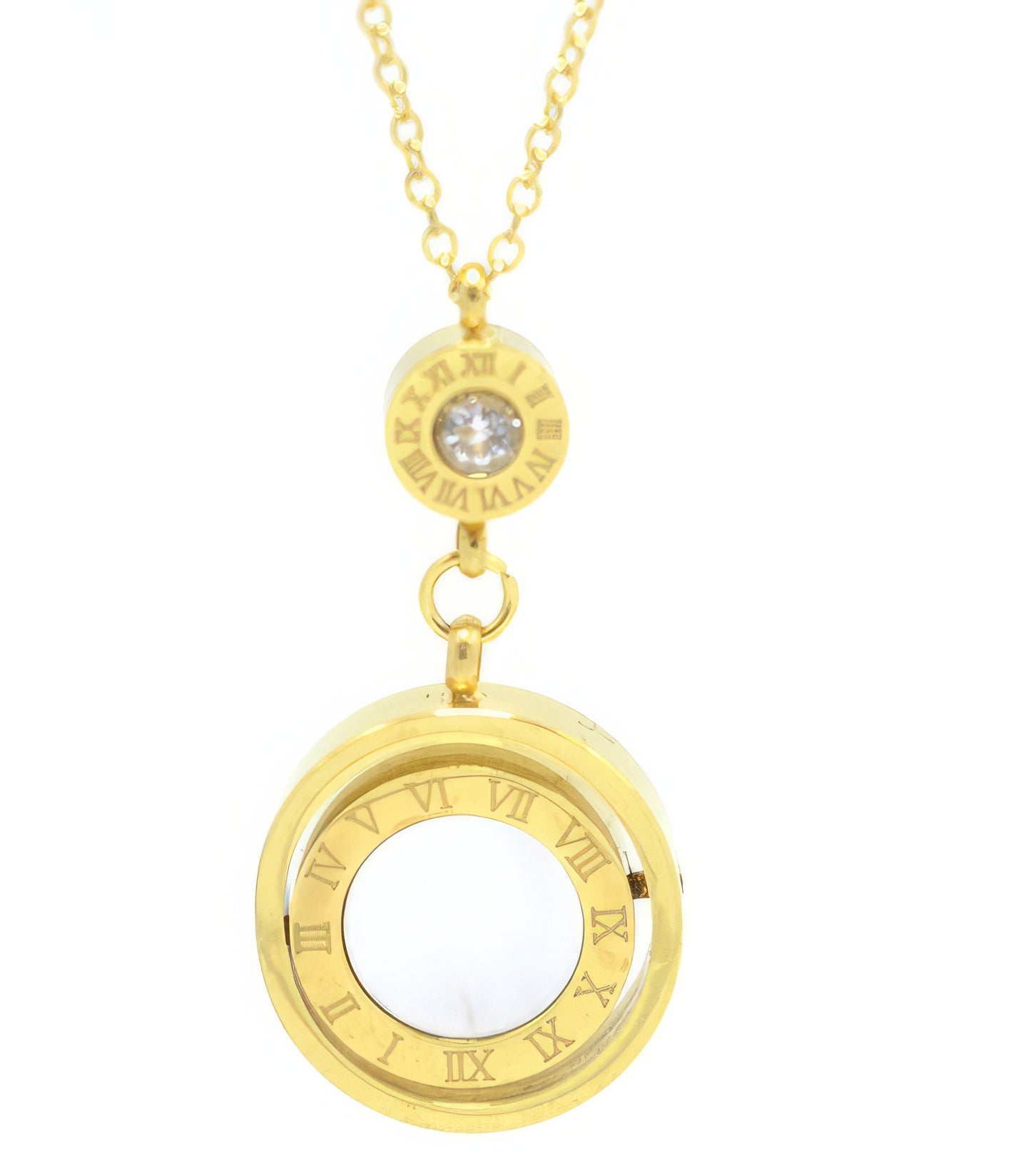 Double Circle Turnable Roman Numeral Pendent Necklace in Gold and Black