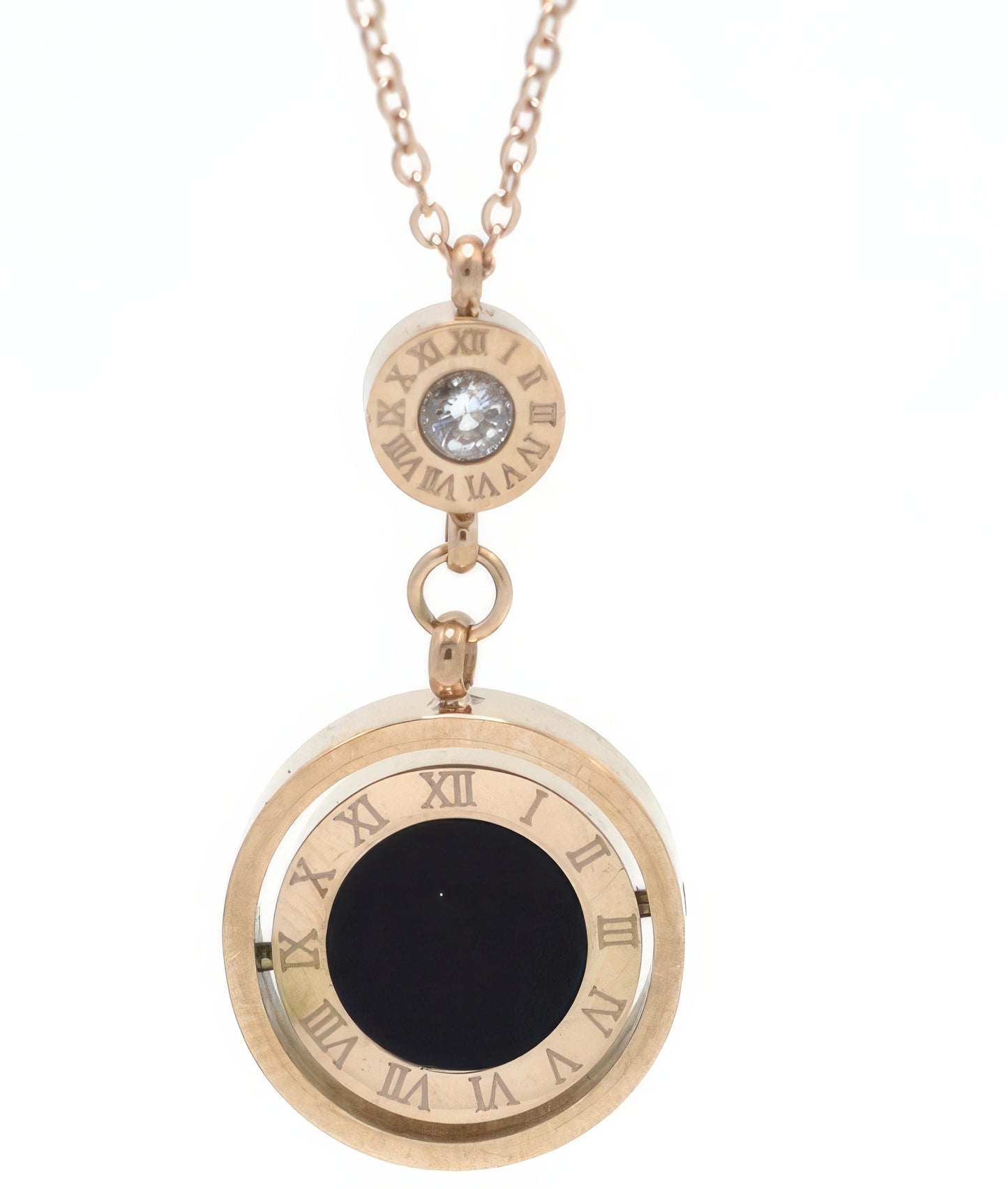 Double Circle Turnable Roman Numeral Pendent Necklace in Rose Gold and Black