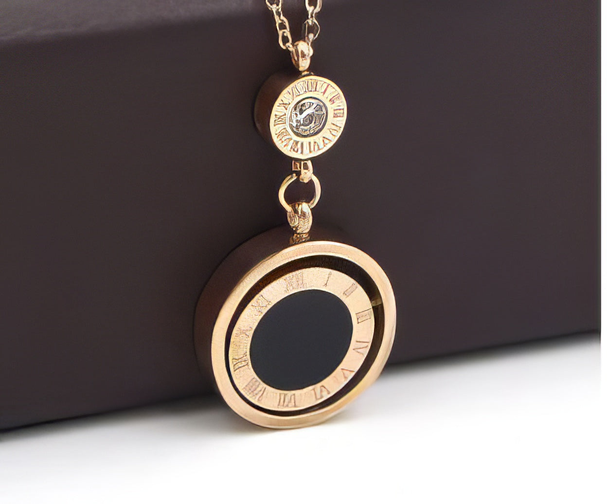 Double Circle Turnable Roman Numeral Pendent Necklace in Rose Gold and Black