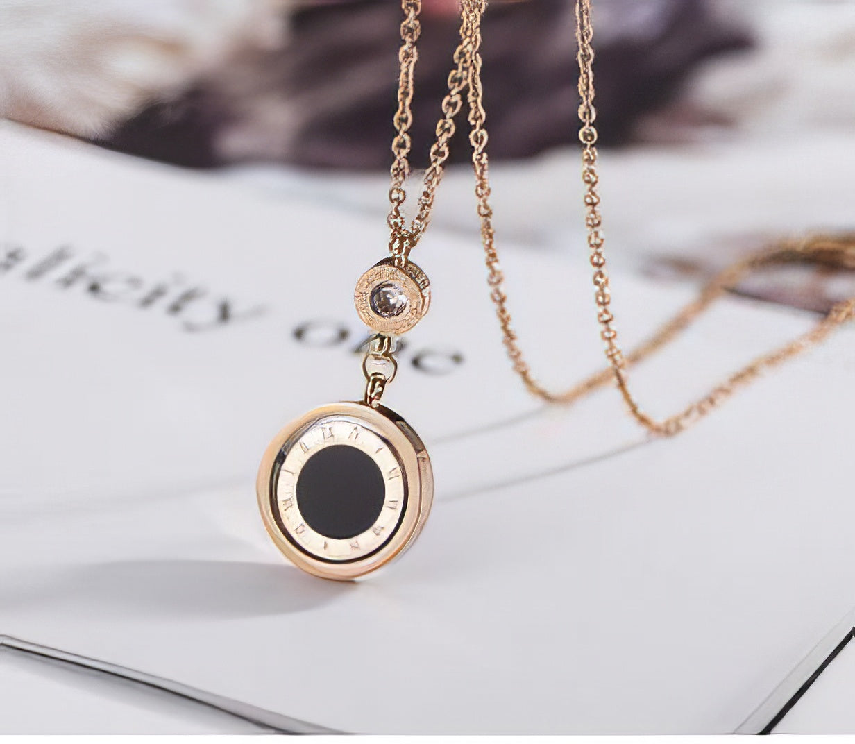 Double Circle Turnable Roman Numeral Pendent Necklace in Rose Gold and Black