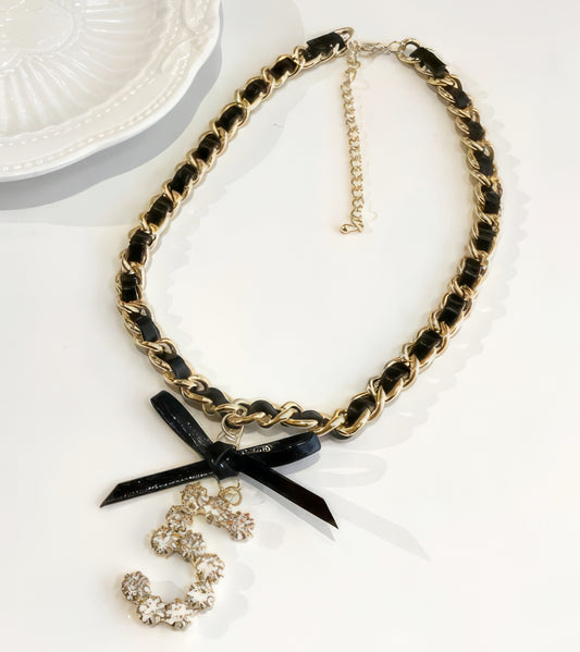 Crystal No5 Leather Weave  Chain Choker  in Gold and Black