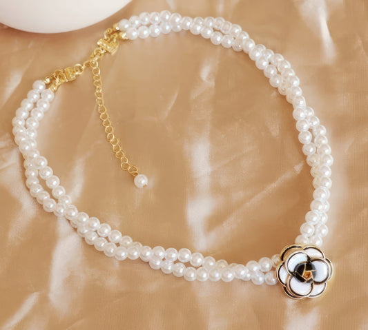 Double Pearl Camellia Choker Necklace