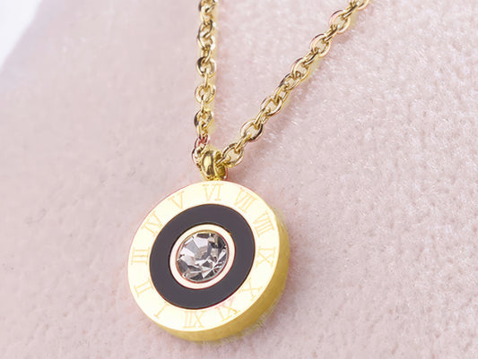 Stainless Steel Roman Numeral Crystal Necklace in Gold and Black