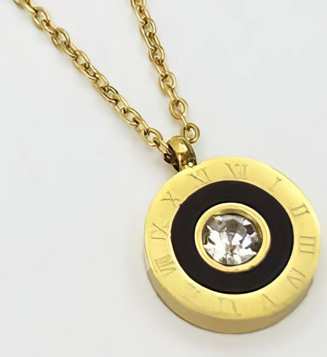 Stainless Steel Roman Numeral Crystal Necklace in Gold and Black