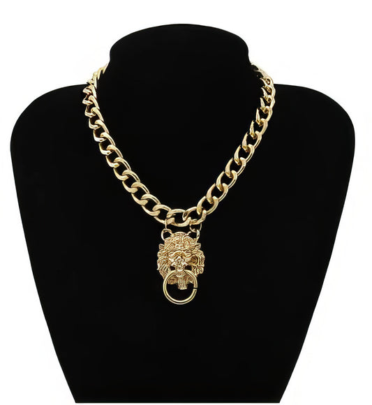 Designer Style Lion Head Pendant Necklace in Gold