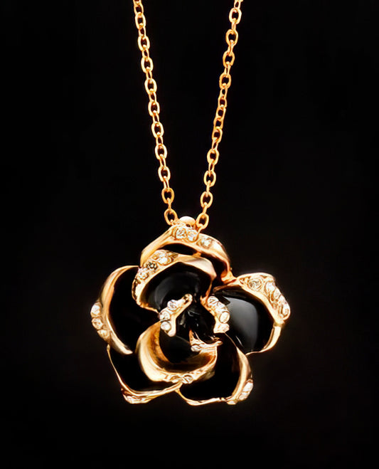 Camellia Rhinestone Pendant Necklace in Rose Gold and Black