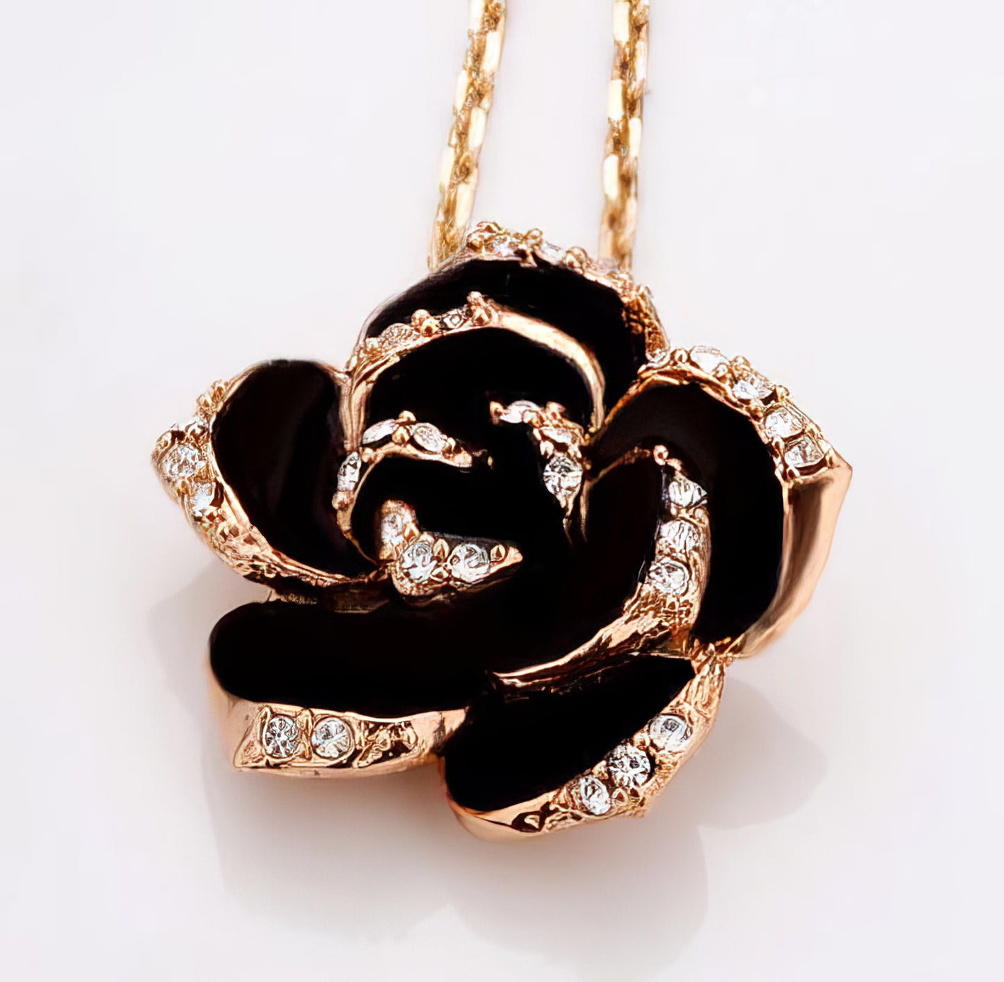 Camellia Rhinestone Pendant Necklace in Rose Gold and Black