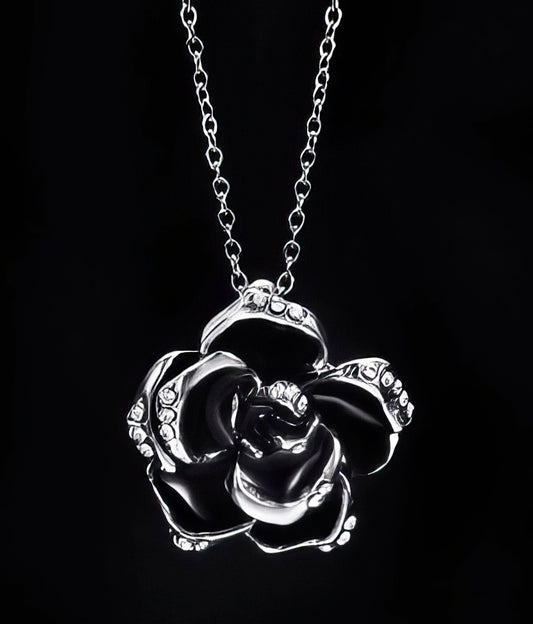 Camellia Rhinestone Pendant Necklace in Silver and Black