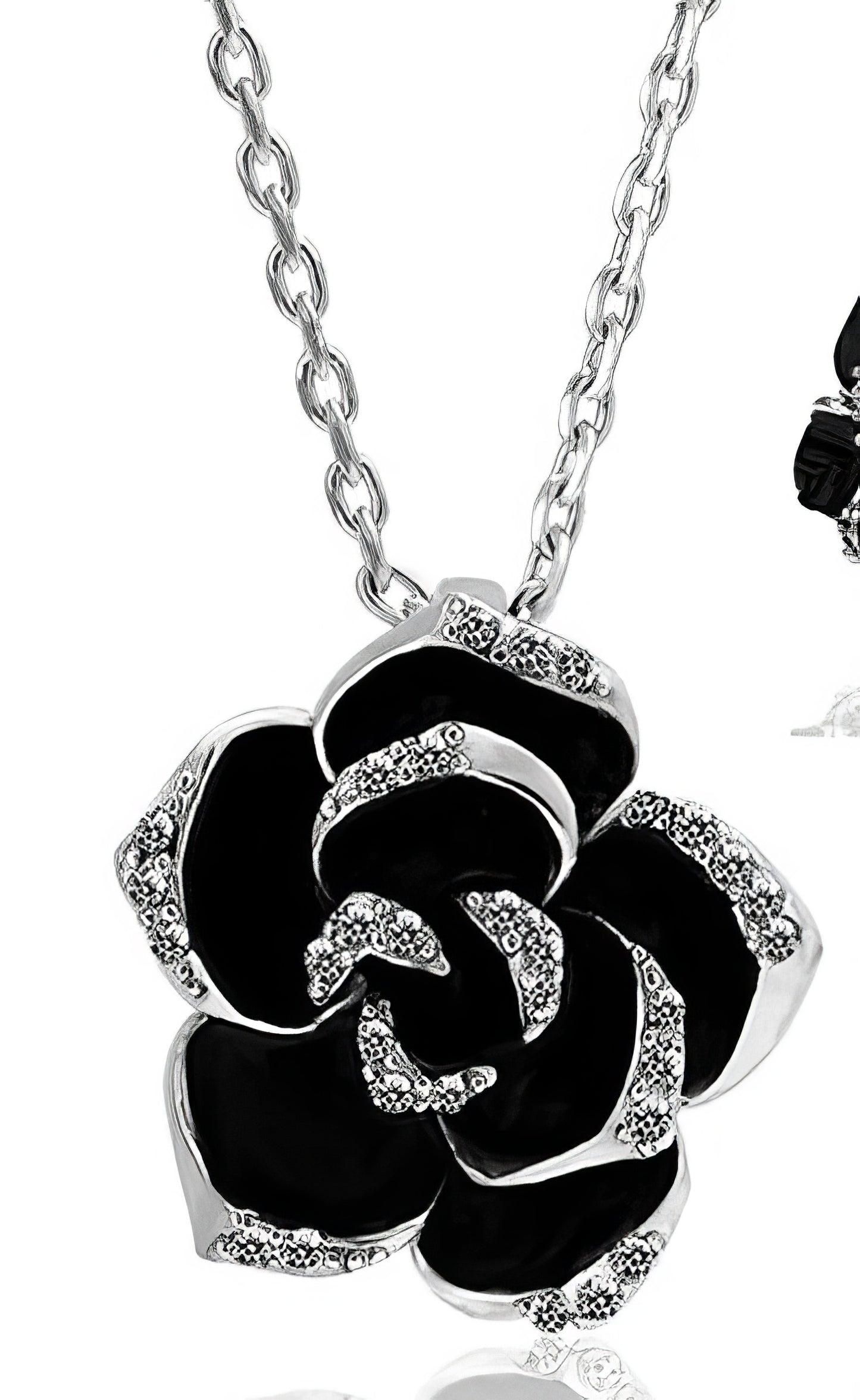 Camellia Rhinestone Pendant Necklace in Silver and Black