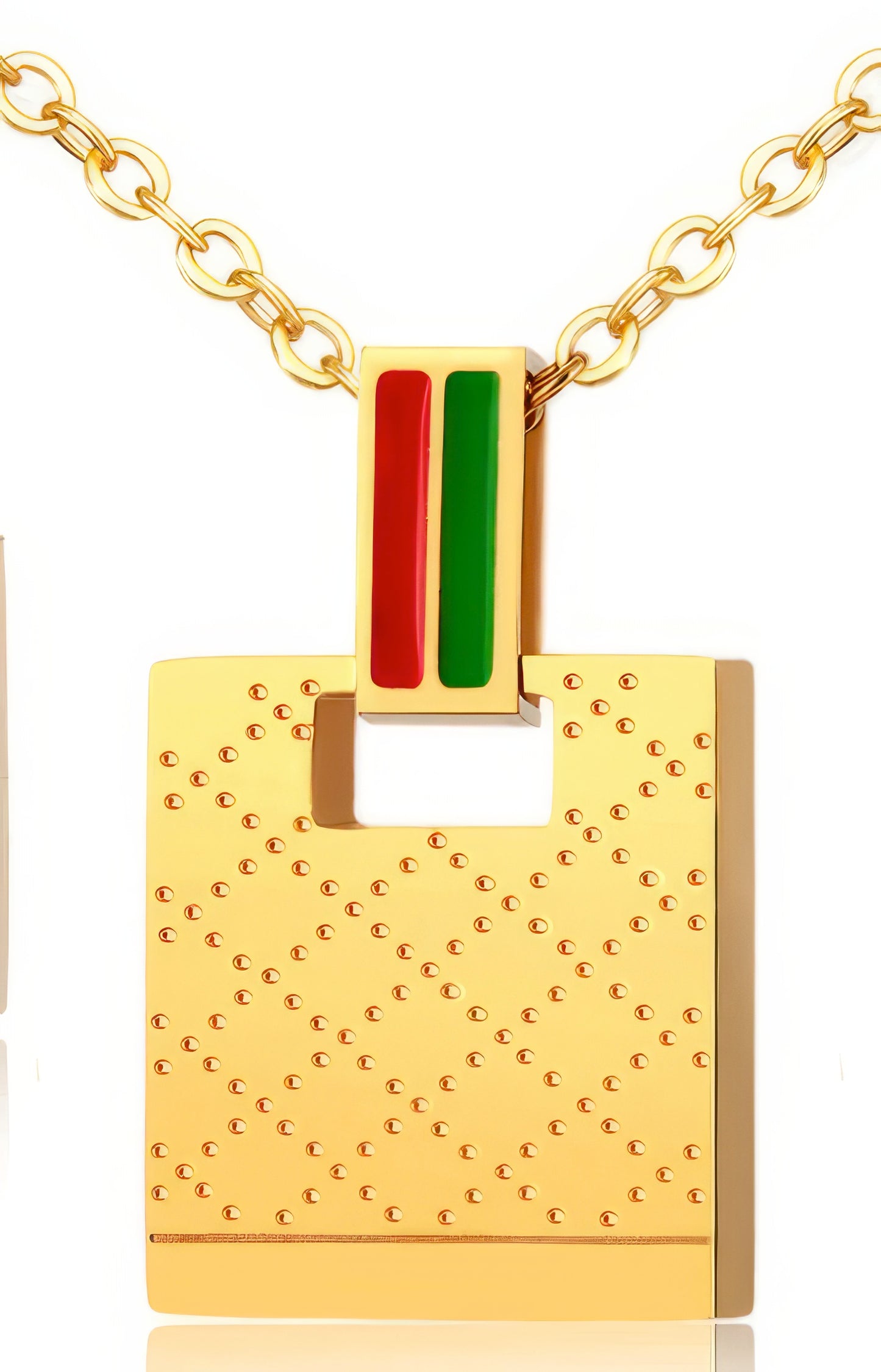 Stainless Steel Red  and Green Striped Bar Necklace in Gold