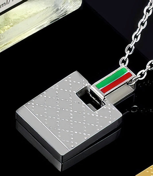 Stainless Steel Red  and Green Striped Bar Necklace in Silver