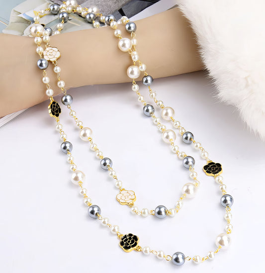 Long Camellia Flower Pearl Double Layer Necklace