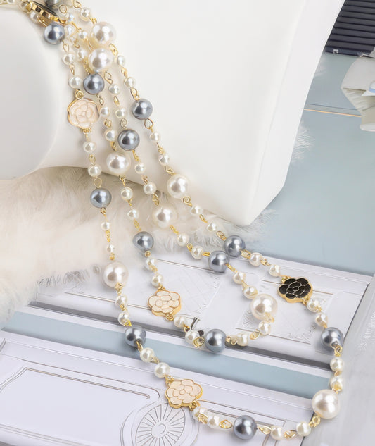 Long Camellia Flower Pearl Double Layer Necklace