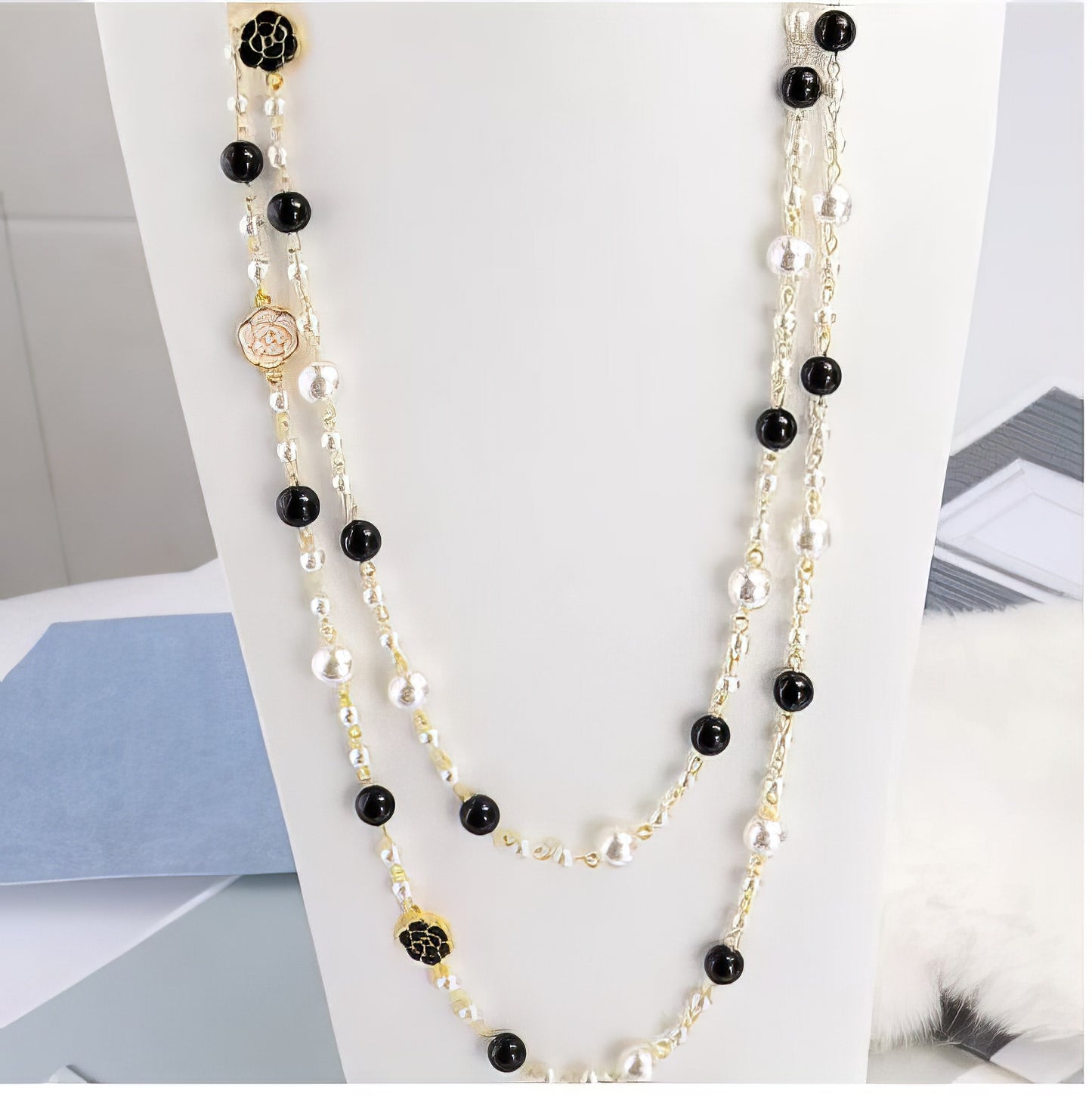 Long Camellia Flower Pearl Double Layer Necklace