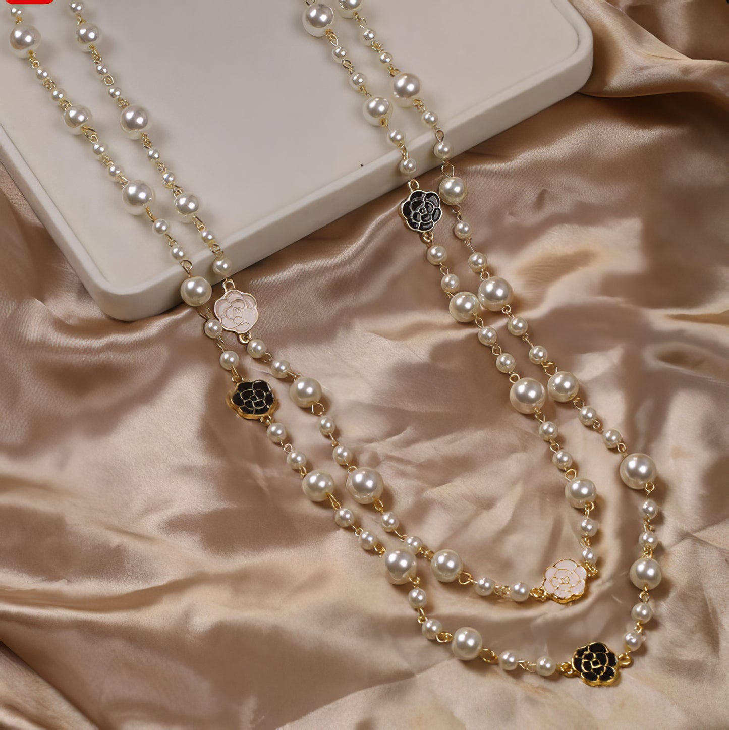 Long Camellia Flower Pearl Double Layer Necklace