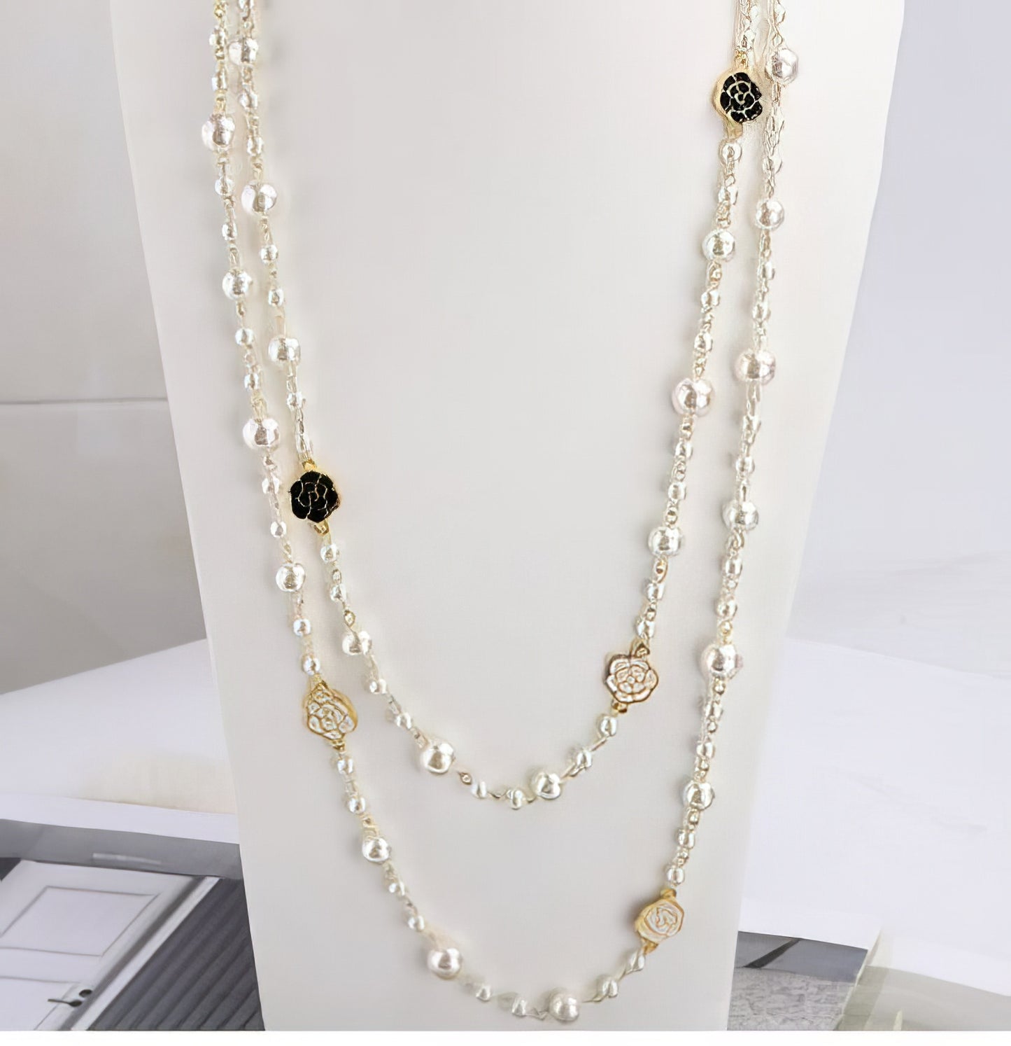 Long Camellia Flower Pearl Double Layer Necklace