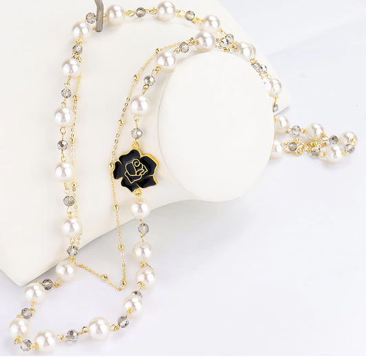 Long Layered Chain and Pearl Necklace with Camellia Flower