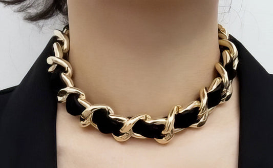 Gold Plated Woven Leather Chain Necklace