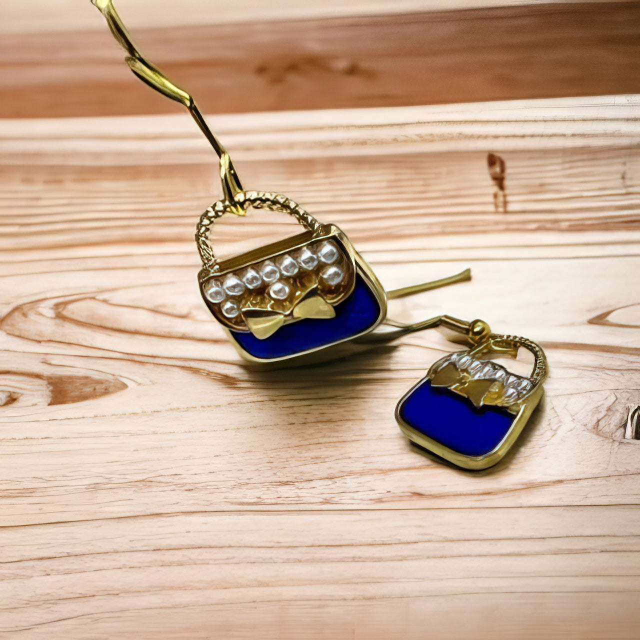 Pearl Lady Bag Metal Charm Pendant Earrings in Blue and Gold