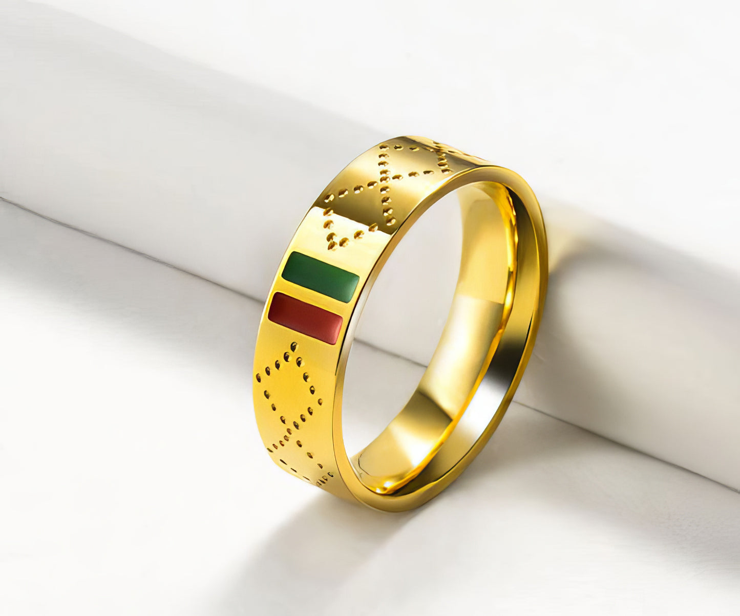 Green and Red Striped Enamel Ring in Gold 789