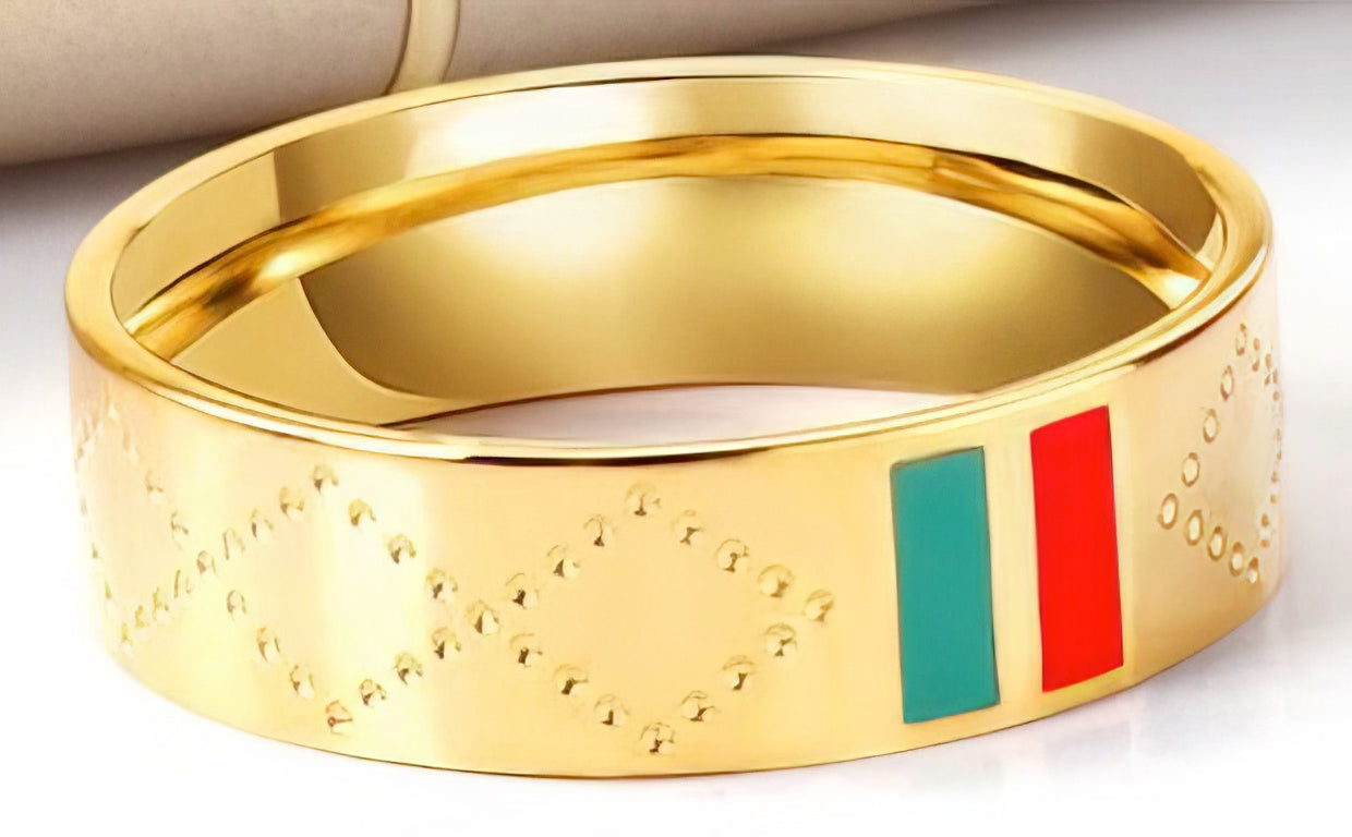 Green and Red Striped Enamel Ring in Gold 789