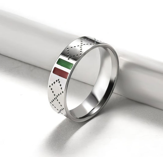 Green and Red Striped Enamel Ring in Silver 789