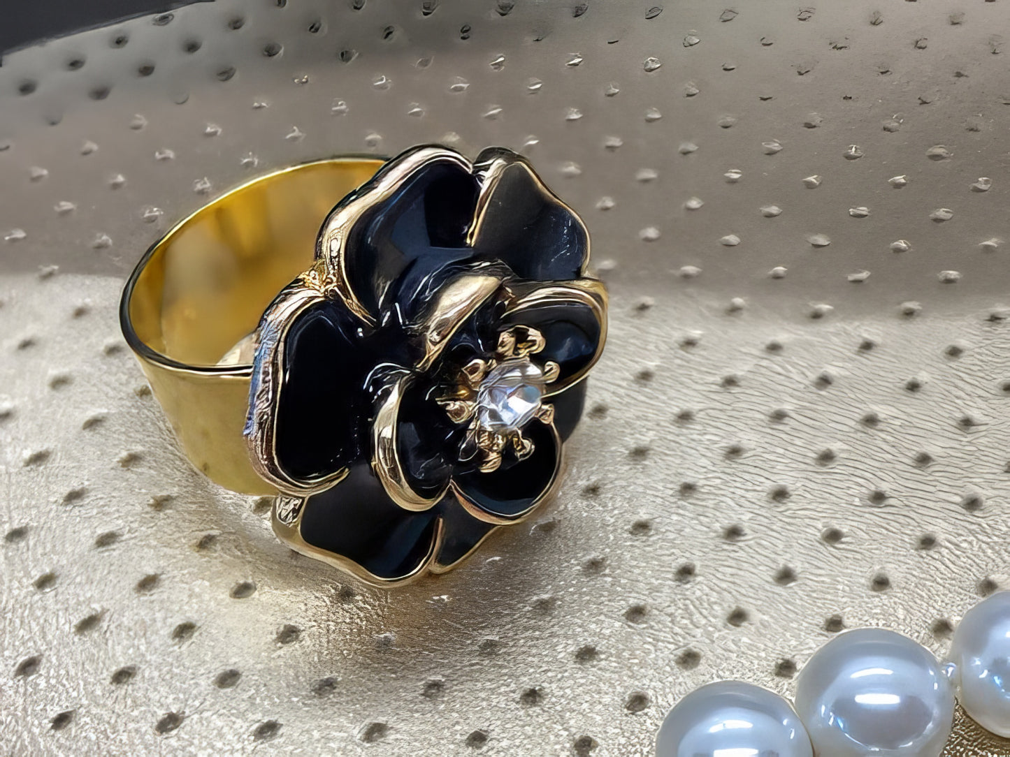 Black Camellia Ring with Crystal Accent in Gold 7