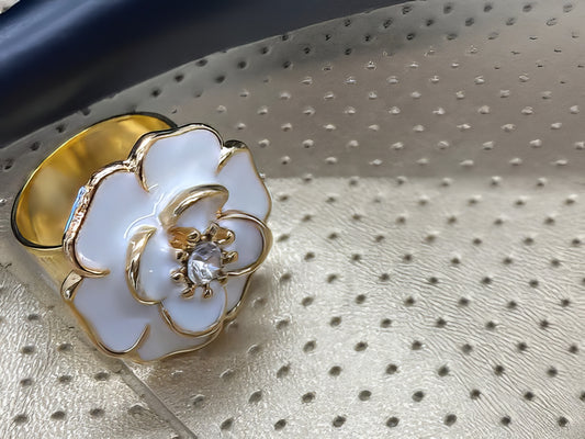 White Camellia Ring with Crystal Accent in Gold 7