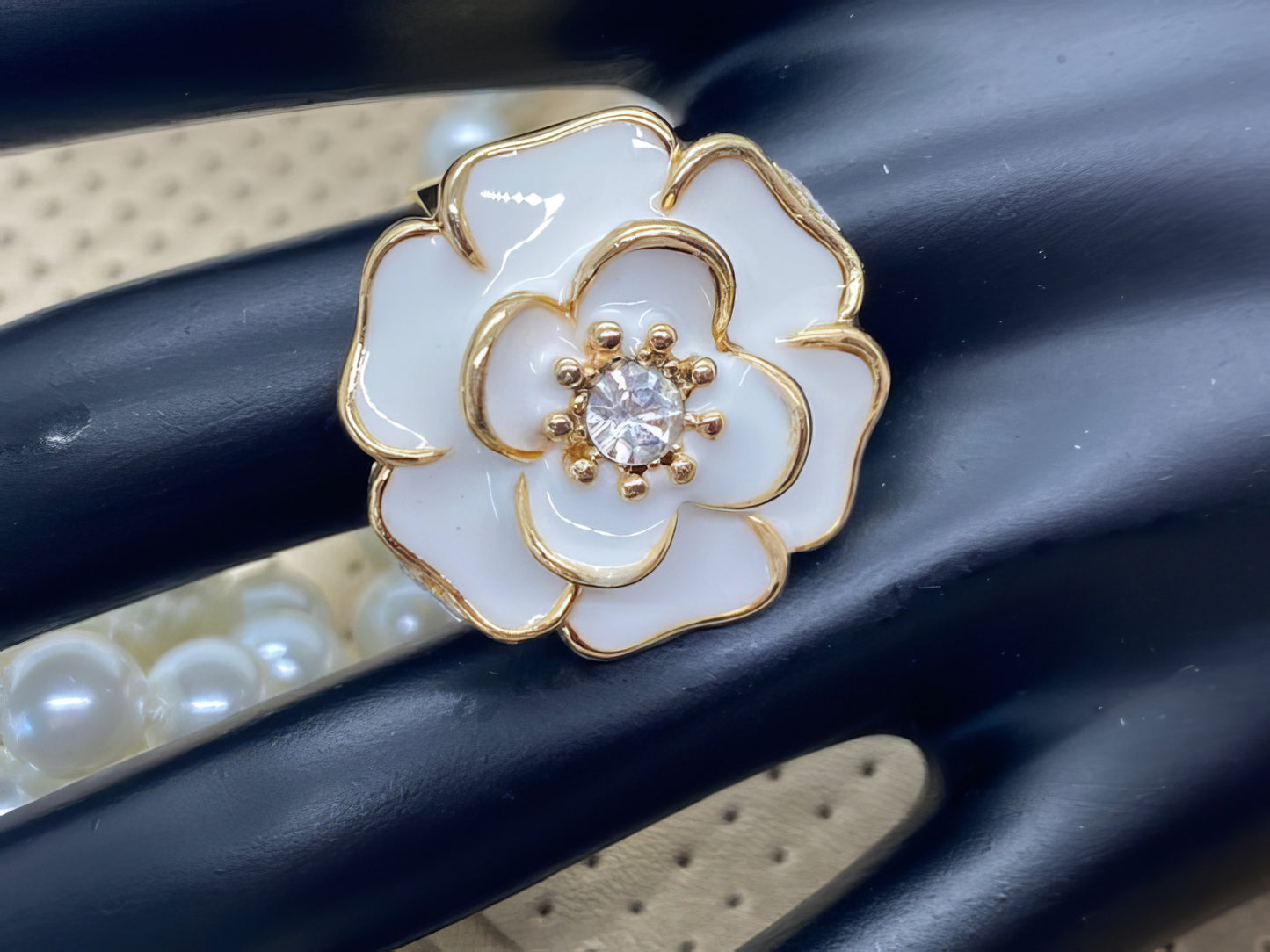 White Camellia Ring with Crystal Accent in Gold 7