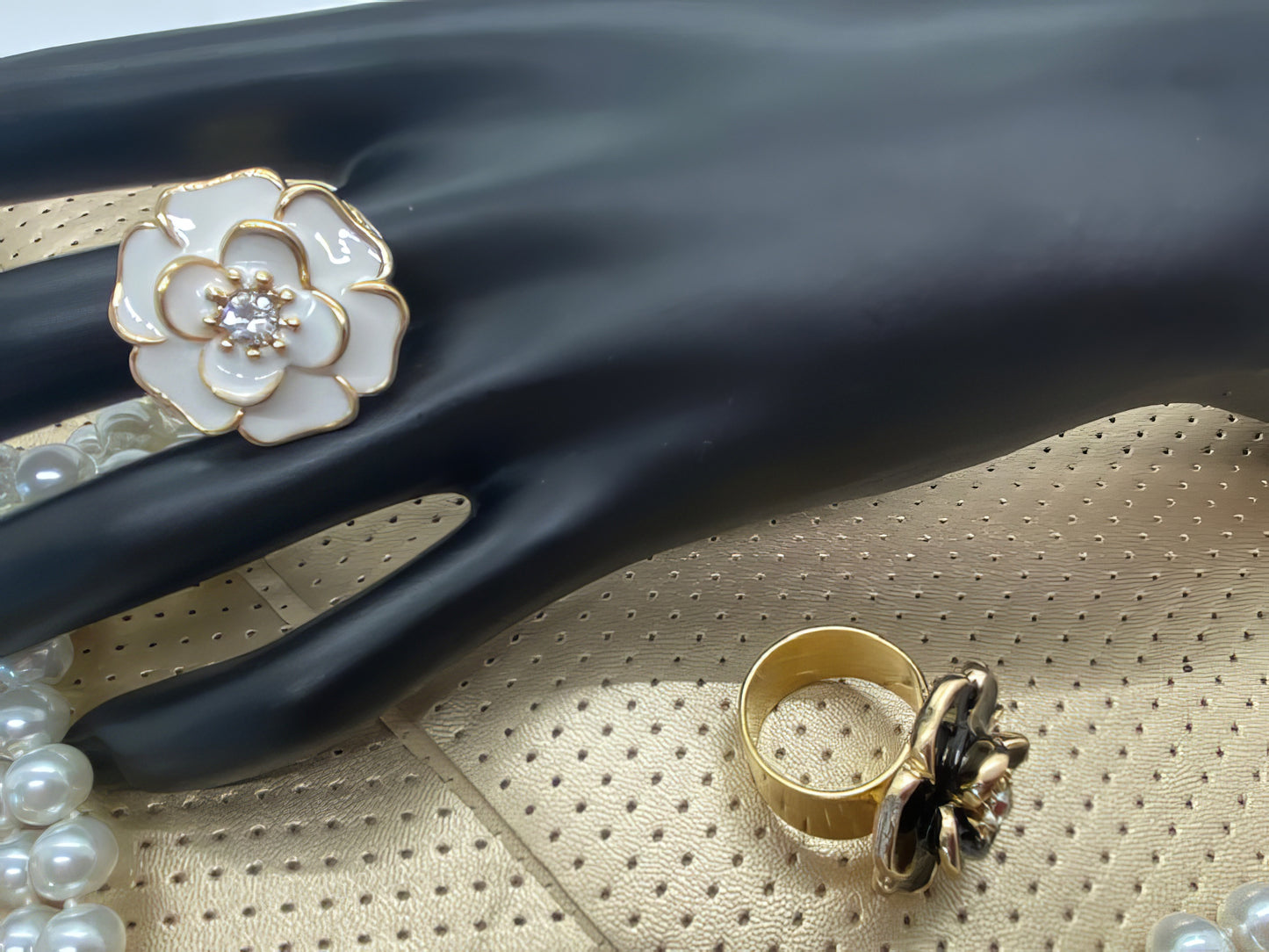 White Camellia Ring with Crystal Accent in Gold 7