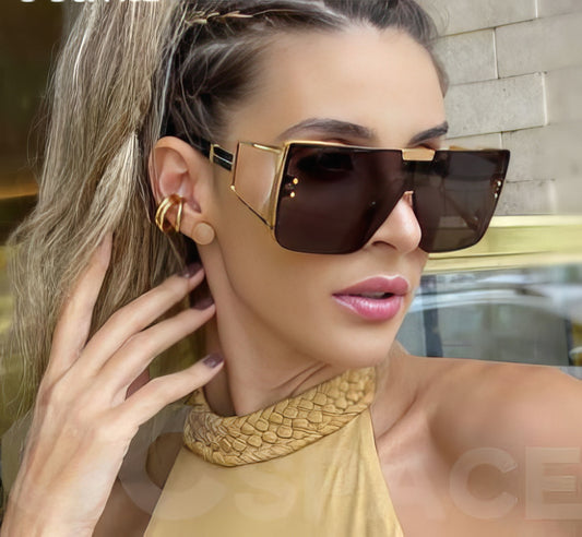 Oversized Square Sunglasses in Gold with Black Lens Clear Sides