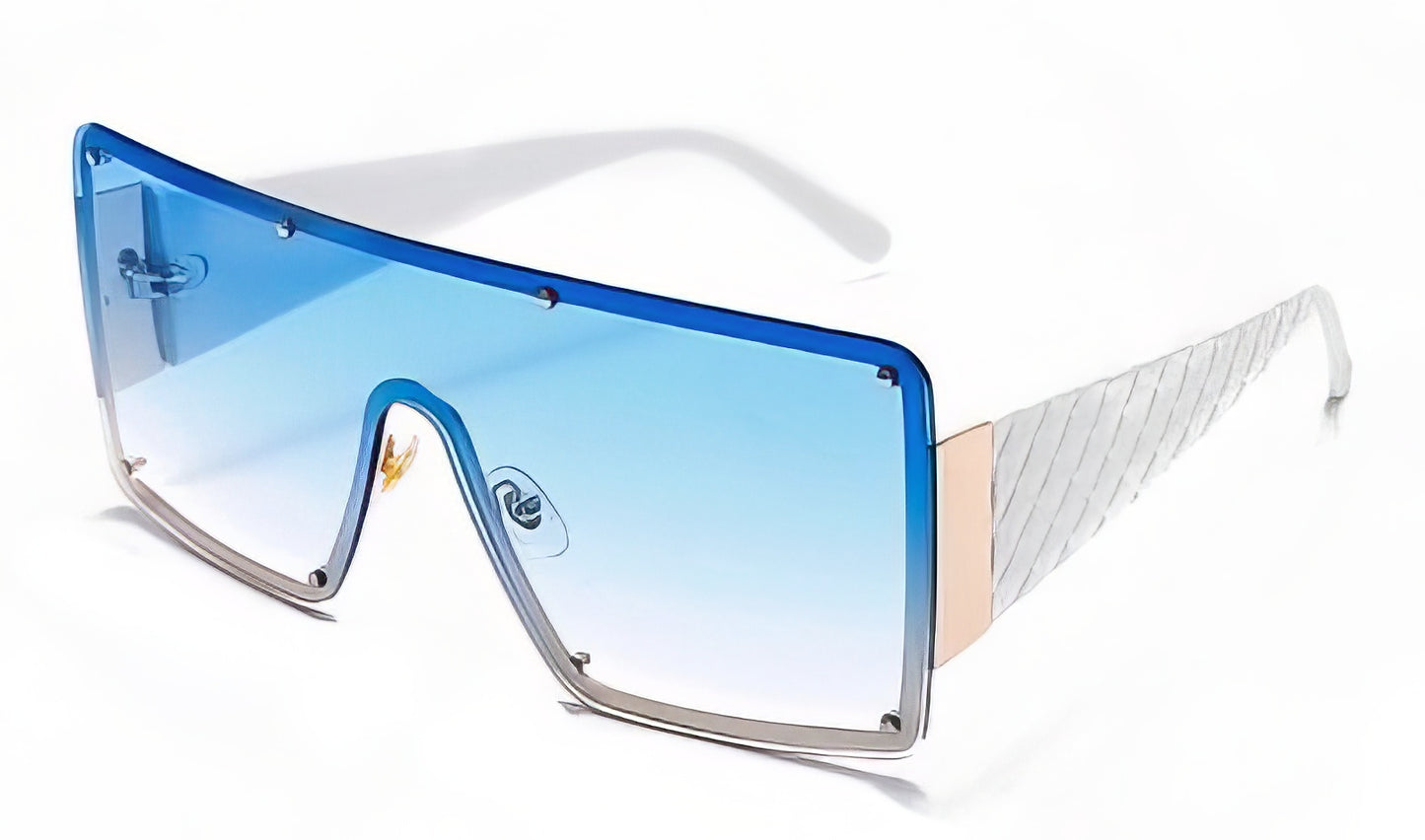 Oversized Square Sunglasses in Gold with Blue Lens White Sides