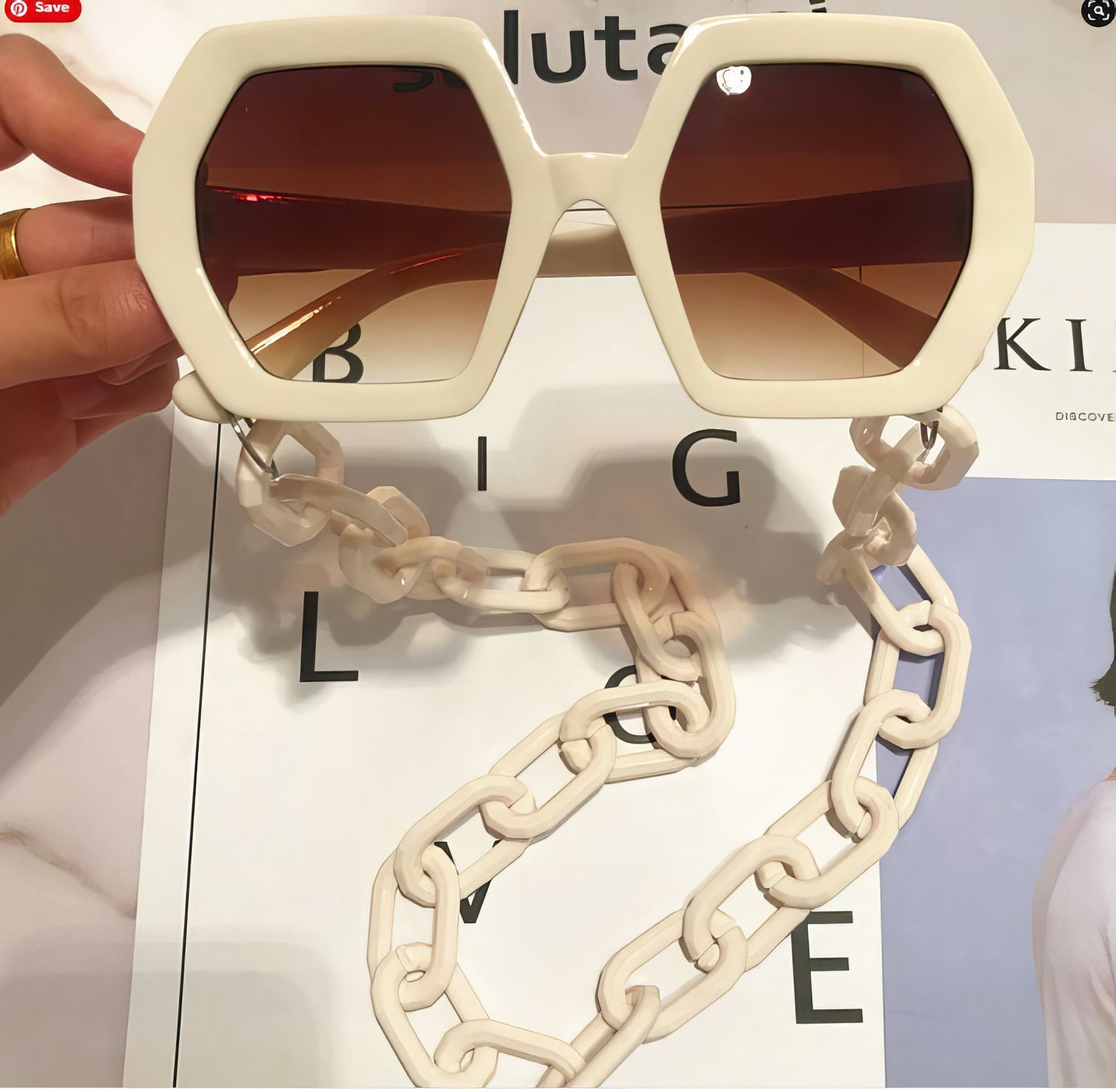 Polygon Sunglasses with Acrylic Chain Cream