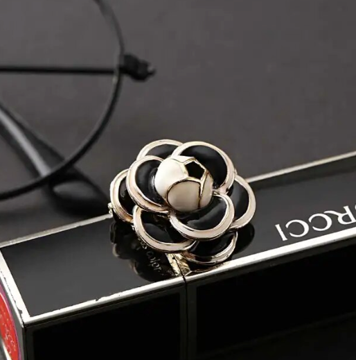 Camellia Flower Blue Stone Brooch Pin in Black